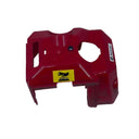 A red plastic replacement part, likely a chain saw handle cover or guard, featuring a yellow warning label and white branding, set against a light gray scratched background.