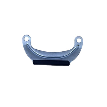 A curved silver metal cabinet pull handle with a black grip in the center, mounted on a scratched gray surface.