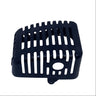 A black plastic mesh guard or filter cover with a slotted design, photographed on a white studio sweep backdrop.