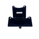 A black metal mounting bracket with a central cutout and two bolt holes, photographed against a white studio backdrop.
