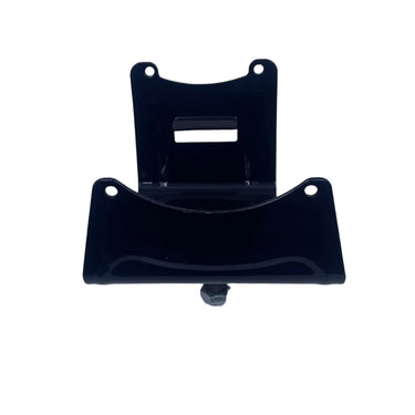 A black metal mounting bracket with a central cutout and two bolt holes, photographed against a white studio backdrop.
