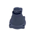 A gray metal mechanical part or housing component with a cylindrical opening, photographed on a white studio backdrop.