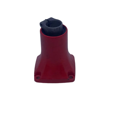 A small red plastic mechanical component with a black rubber bushing, photographed on a white studio sweep.