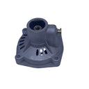 A used silver metal automotive alternator housing with a black inner core and a small brass terminal, photographed on a white studio sweep.