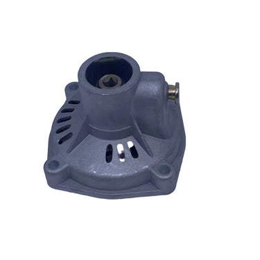 A used silver metal automotive alternator housing with a black inner core and a small brass terminal, photographed on a white studio sweep.
