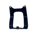 A black metal mounting bracket or frame with a central cutout and small mounting holes, placed on a white surface.