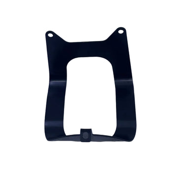 A black metal mounting bracket or frame with a central cutout and small mounting holes, placed on a white surface.