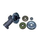 A used mechanical pump assembly with a silver metal body and a blue plastic collar, shown alongside several mounting washers and nuts on a scratched white surface.
