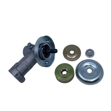 A used mechanical pump assembly with a silver metal body and a blue plastic collar, shown alongside several mounting washers and nuts on a scratched white surface.