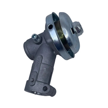 A small metallic mechanical part, possibly a brake or throttle valve, with a silver body and a blue-tinted cap, resting on a scratched light gray surface.