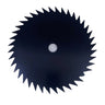 A circular black circular saw blade with sharp teeth and a central mounting hole, photographed on a light gray textured surface.