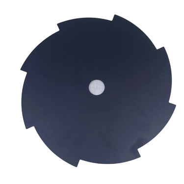 A black circular saw blade with a center hole, displayed on a white workbench surface.