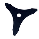 A black three-pronged metal blade spacer or guard with a central circular hole, resting on a scratched light gray surface.
