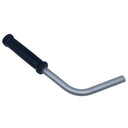A curved metal handlebar with a black textured grip on one end and a silver aluminum shaft on the other, resting on a light gray surface.