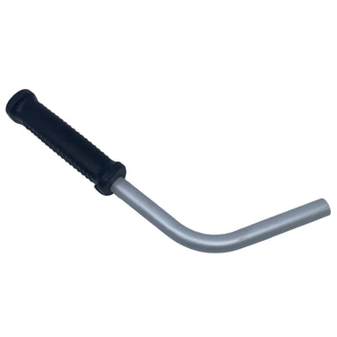 A curved metal handlebar with a black textured grip on one end and a silver aluminum shaft on the other, resting on a light gray surface.