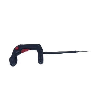 A black and red cordless rotary tool with a long metal bit, displayed on a white light box backdrop.