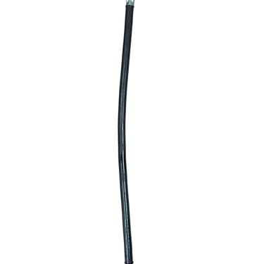 A black rubber hose with silver metal fittings on both ends, laid vertically on a worn concrete floor.