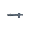A small silver metal bolt or pin with a hex head, lying on a scratched, light gray metallic surface.