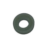 A small olive green rubber gasket or O-ring resting on a scratched, light gray metal surface.