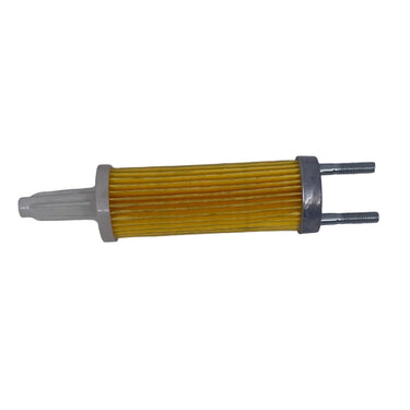 A small cylindrical replacement part with a yellow ribbed body, a clear plastic tip on one end, and two silver metal pins on the other, placed on a scratched white surface.