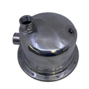 A polished stainless steel mechanical component, likely a pump housing or filter assembly, featuring a flanged base and a threaded inlet pipe, photographed on a light gray textured surface.
