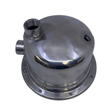 A polished stainless steel mechanical component, likely a pump housing or filter assembly, featuring a flanged base and a threaded inlet pipe, photographed on a light gray textured surface.
