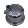 A polished stainless steel mechanical component, likely a pump housing or filter assembly, featuring a flanged base and a threaded inlet pipe, photographed on a light gray textured surface.
