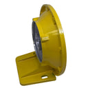 A yellow metal mounting bracket or housing component with a circular opening, photographed on a plain light gray/white studio surface.
