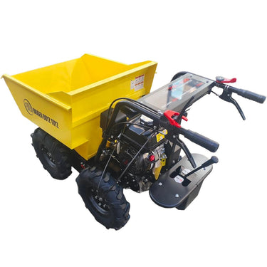 Small yellow dump truck with engine on a white background