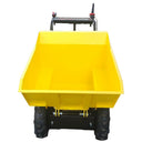 Yellow dump cart with black wheels on a white background