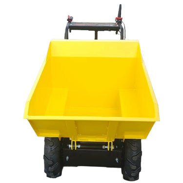 Yellow dump cart with black wheels on a white background