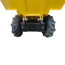 Close-up of a yellow dump truck bed with black wheels on a white background