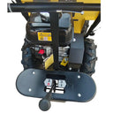 Close-up of a yellow and black machine with a warning label on a white background