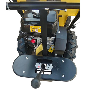 Close-up of a yellow and black machine with a warning label on a white background