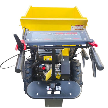 Small yellow and black machine with a dump bed on a white background