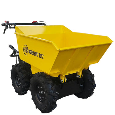 Yellow toy dump truck with 'Bigger Boyz Toyz' branding on a white background