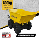 Yellow dumper truck with 400kg payload capacity and Honda engine details on a gray background