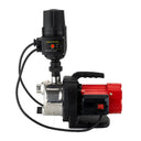Pump with black and red design on a white background