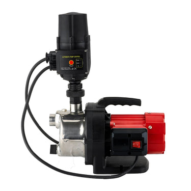 Pump with black and red design on a white background