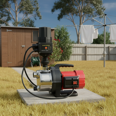 Pump on a concrete slab outdoors with grass, trees, and a shed in the background