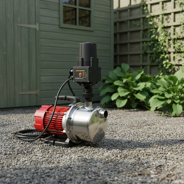Pump with red and silver components on a white background