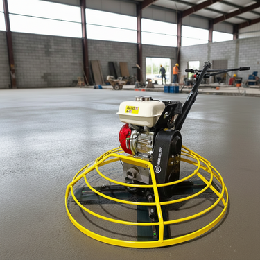A concrete grinder with a large yellow safety cage, mounted on a black wheeled frame, shown in a large concrete warehouse floor.