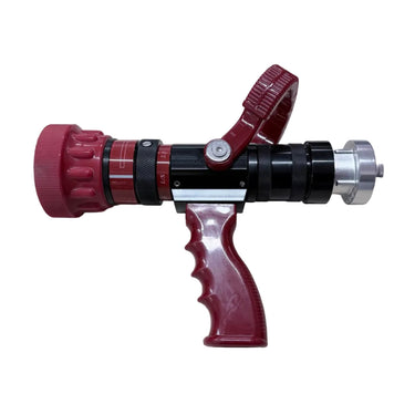 A red and black fire hose nozzle with a red handle, resting on a light wood-grained surface.