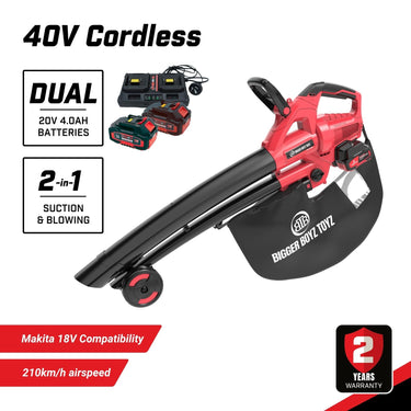 BBT 40V Cordless, Brushless Blower Vacuum with Dual 4.0Ah Lithium-ion Makita Compatible Batteries
