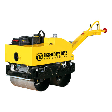 A yellow and black ATE Bigger Boyz Toyz Commercial compaction roller with a drum roller base, an attached yellow steering arm, and a black engine on top, shown against a plain white background.