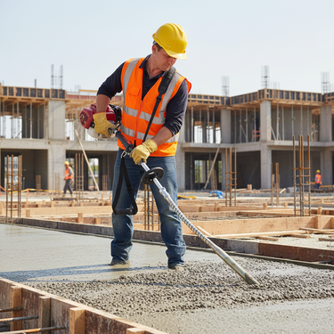 A construction worker wearing a yellow hard hat, orange safety vest, and blue jeans uses a concrete vibrator to smooth wet concrete on a construction site.