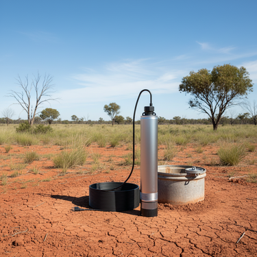 A cylindrical silver bore pump with a black cable and a coiled black hose stands beside a metal well casing in a dry red soil field under a blue sky.