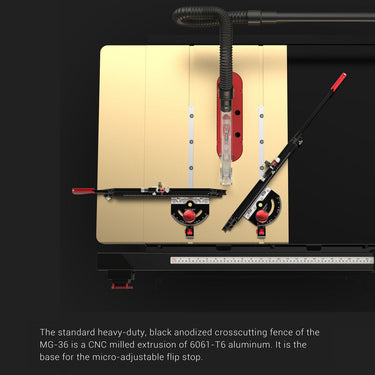 The standard heavy-duty, black anodised crosscutting fence of the MG-36 is a CNC milled extrusion of 6061-T6 aluminium, It is the base for the micro-adjustable flip stop.