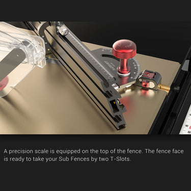 A precision scale is equipped on the top of the fence. The fence face is ready to take your Sub Fences by two T-slots.