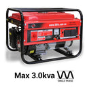 Max 3.0KVA. Continuous output 2500w. Single Phase.